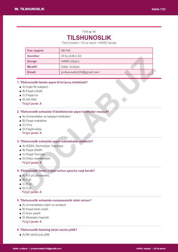 Tilshunoslik faniga oid test to'plami