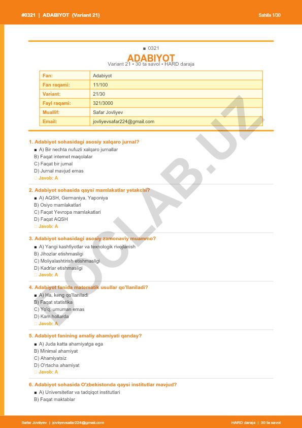 Adabiyot fanidan test savollari (Variant 21)
