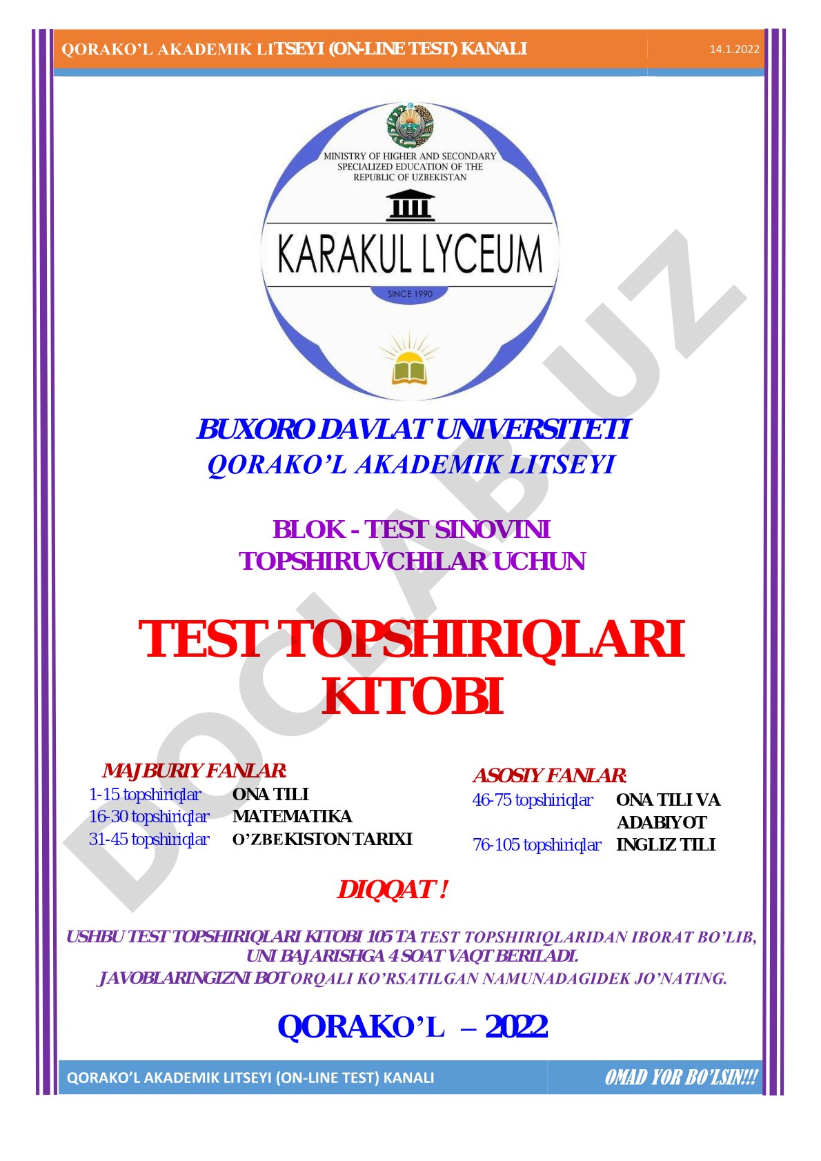 Qorako‘l akademik litseyi blok test sinovi test topshiriqlari kitobi