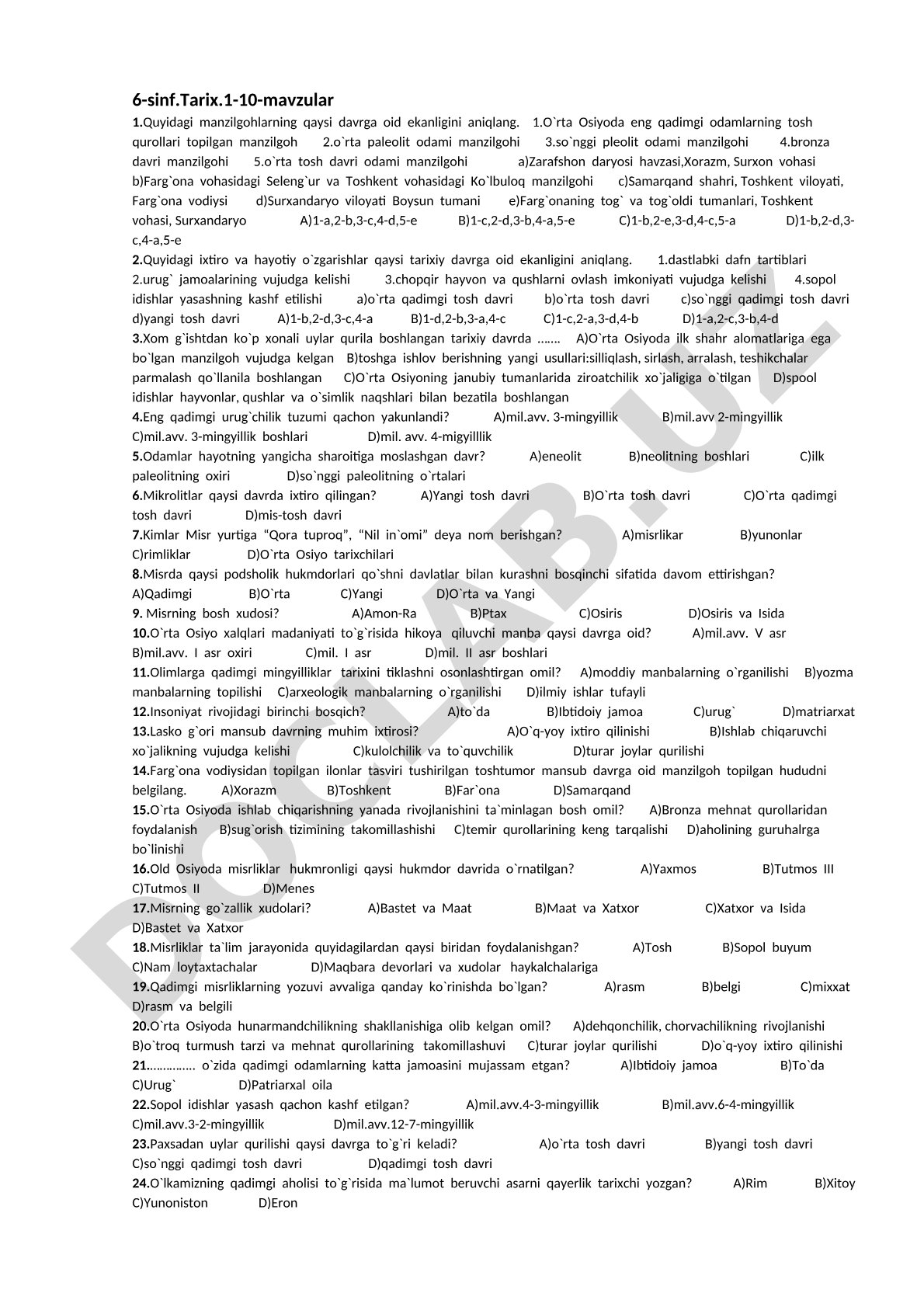 6-sinf Tarix 1-10 mavzular test savollari