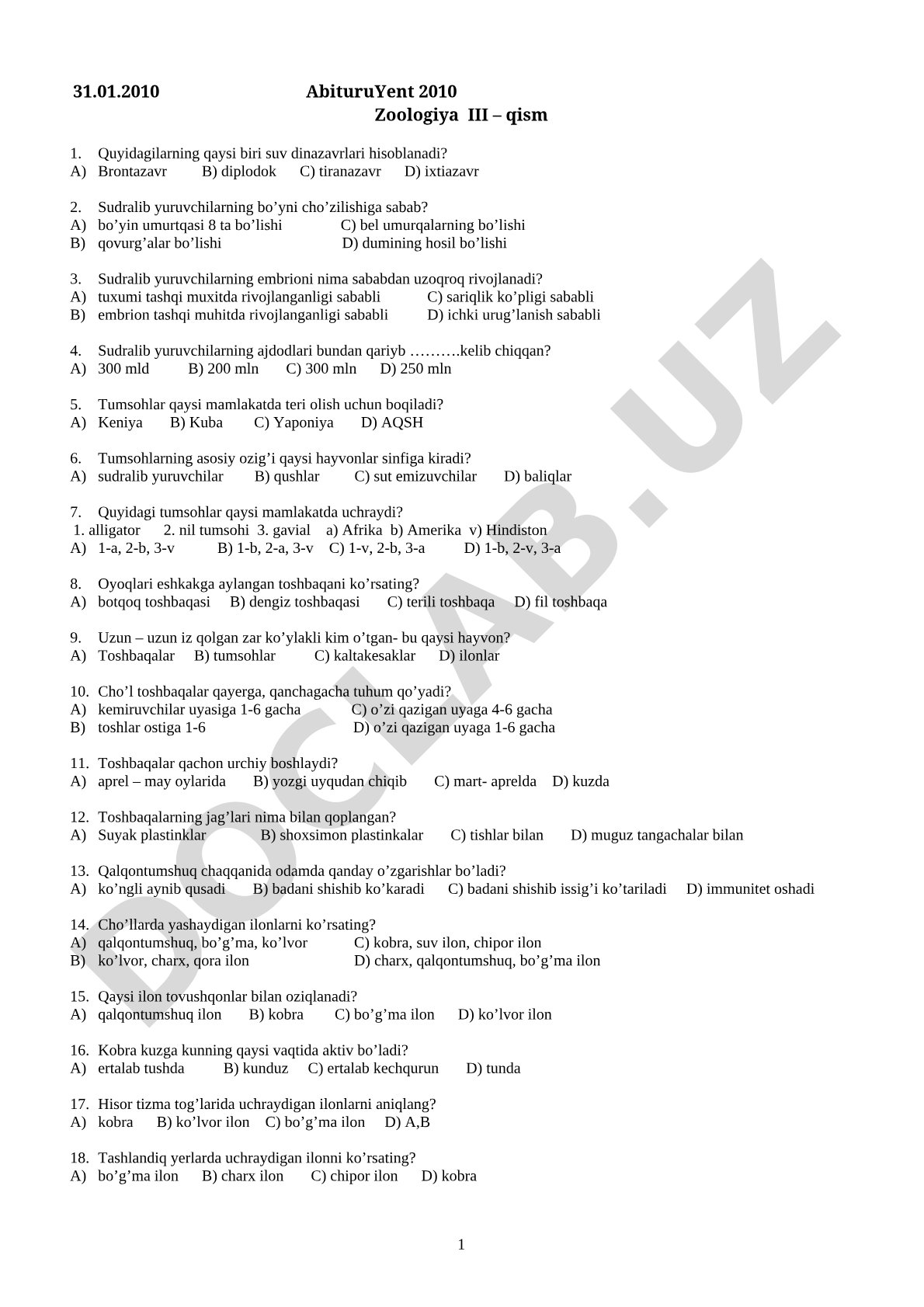 Abituriyent 2010 Zoologiya III qism test savollari