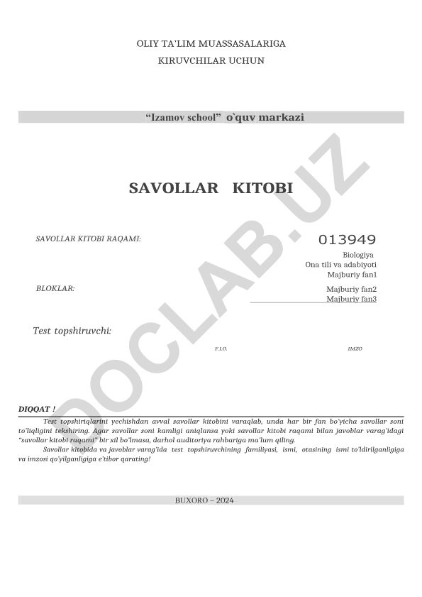 Biologiya fanidan test savollari to'plami