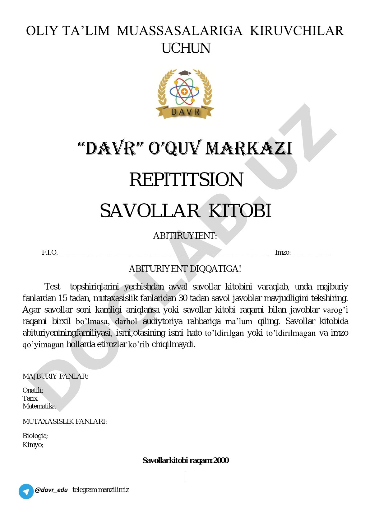 DAVR o'quv markazi repititsion savollar kitobi