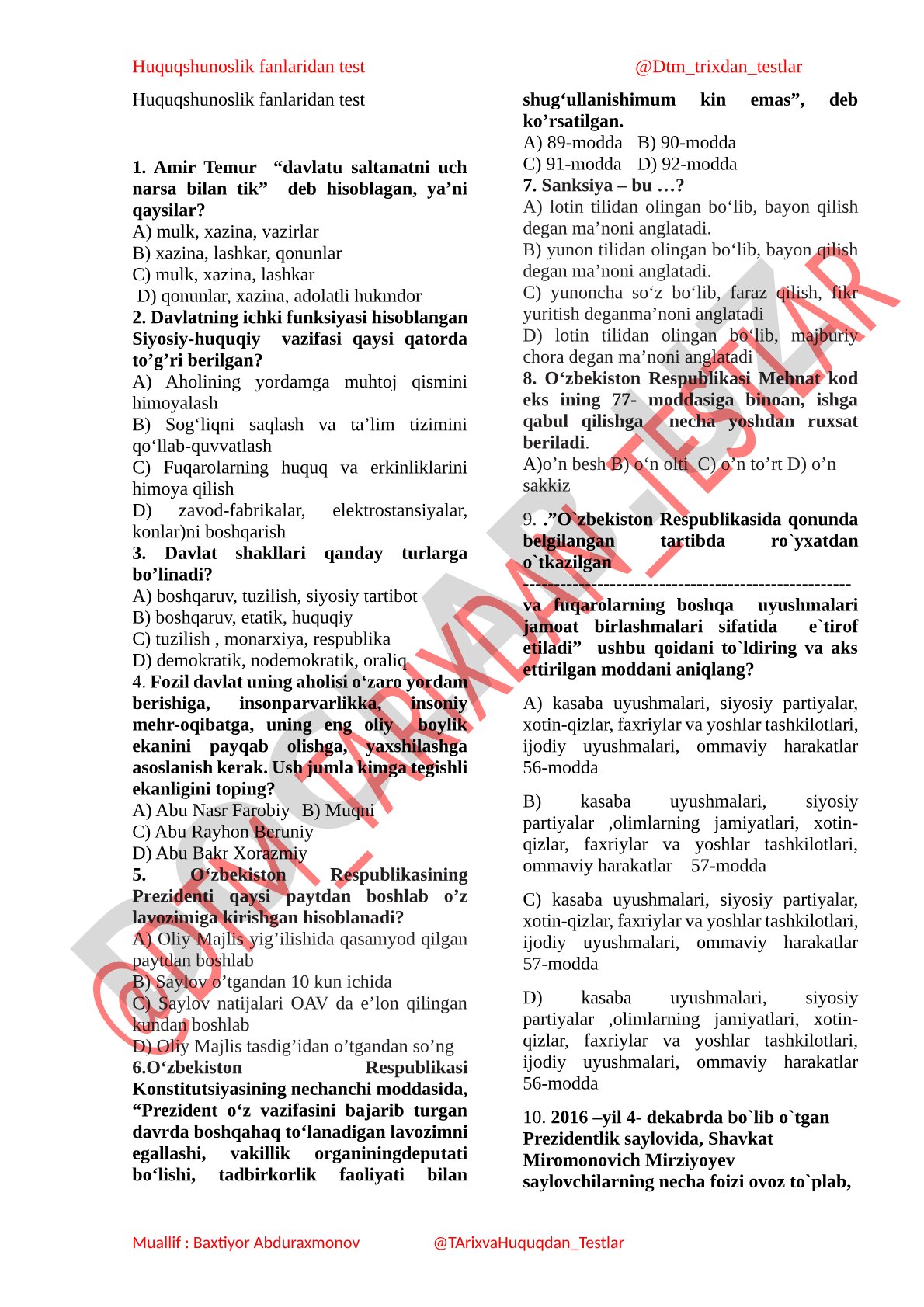 Huquqshunoslik fanlaridan test