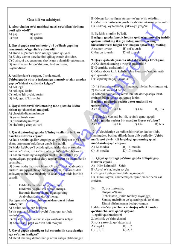 Ona tili va adabiyot fanidan test savollari