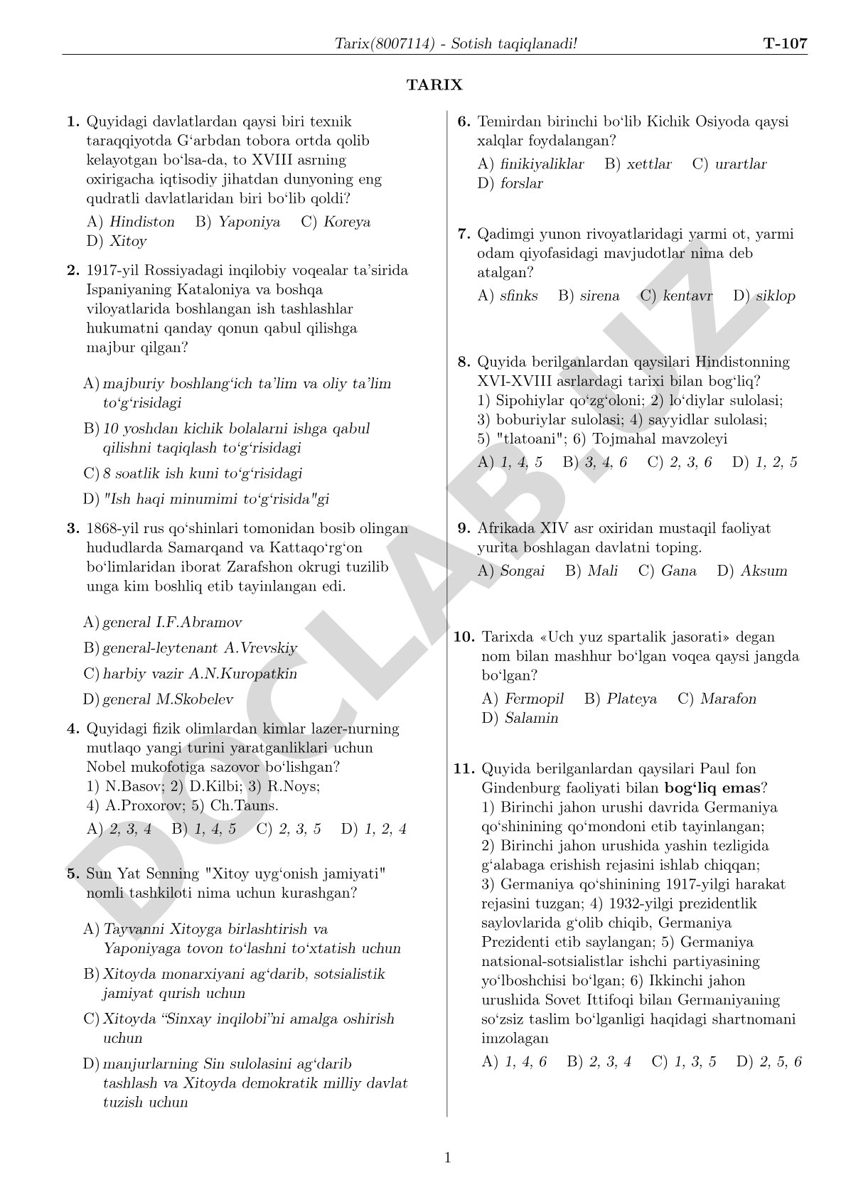 Tarix fanidan test savollari