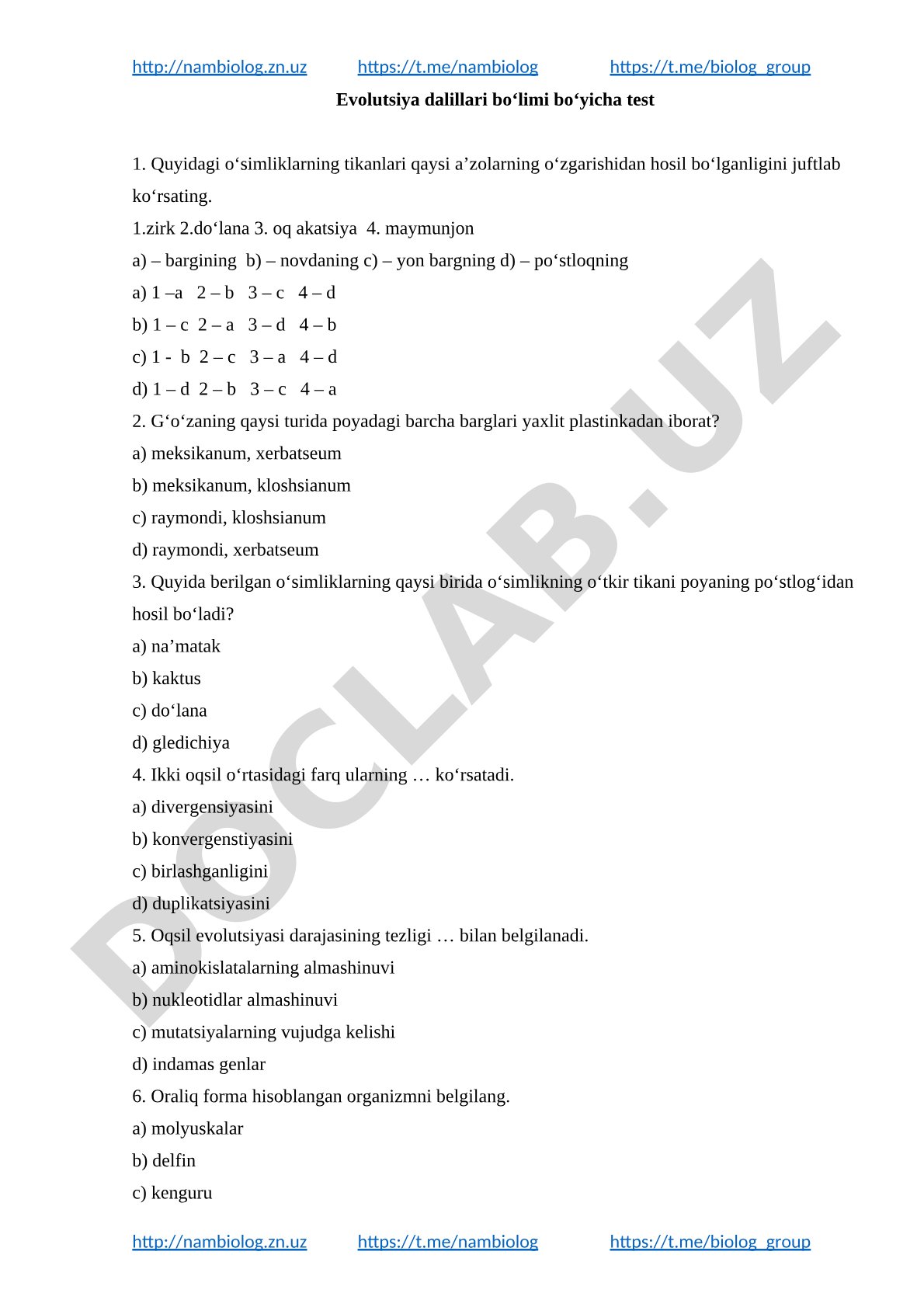 Evolutsiya dalillari boʻlimi boʻyicha test