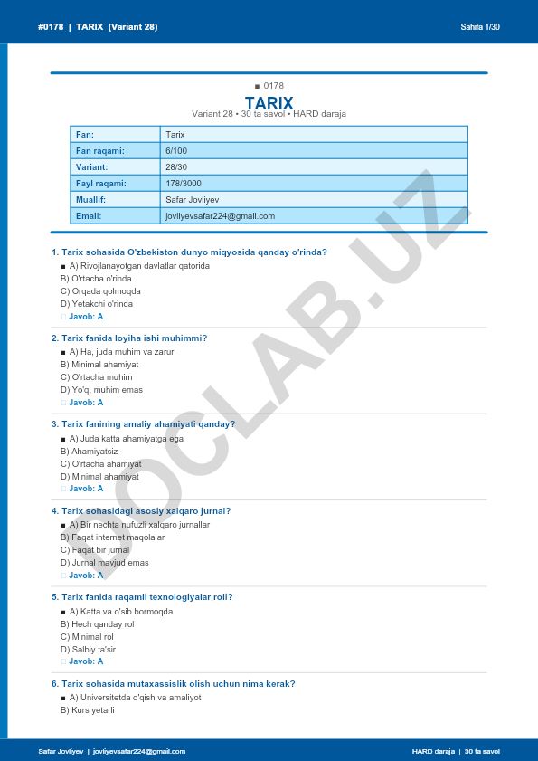 Tarix fanidan test savollari (Variant 28)
