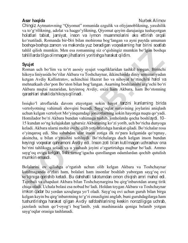 Chingiz Aytmatovning “Qiyomat” romanida ezgulik va oliyjanoblikning aks etishi