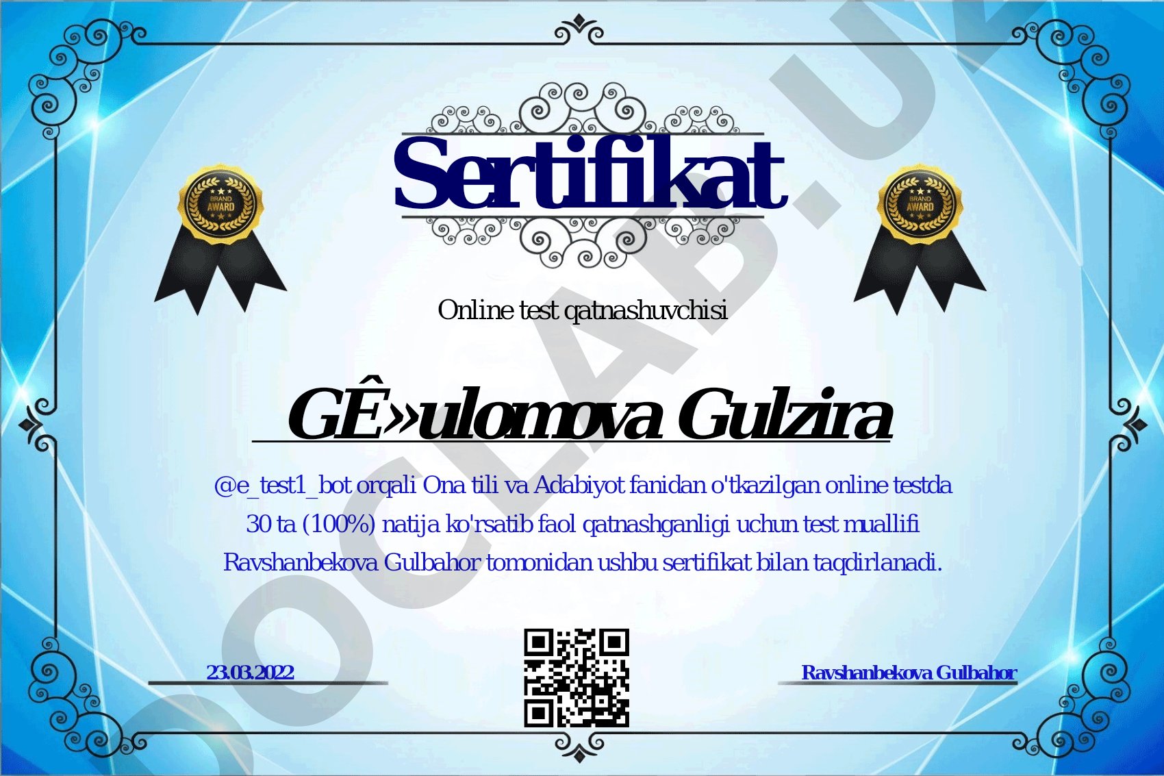Ona tili va Adabiyot fanidan online test sertifikati