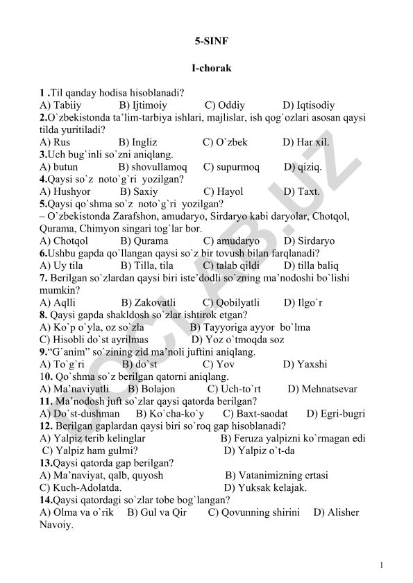 Ona tili fanidan 5-sinf uchun test savollari