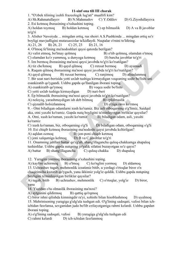 O'zbek tilining izohli frazeologik lug'ati va frazeologik iboralar testi
