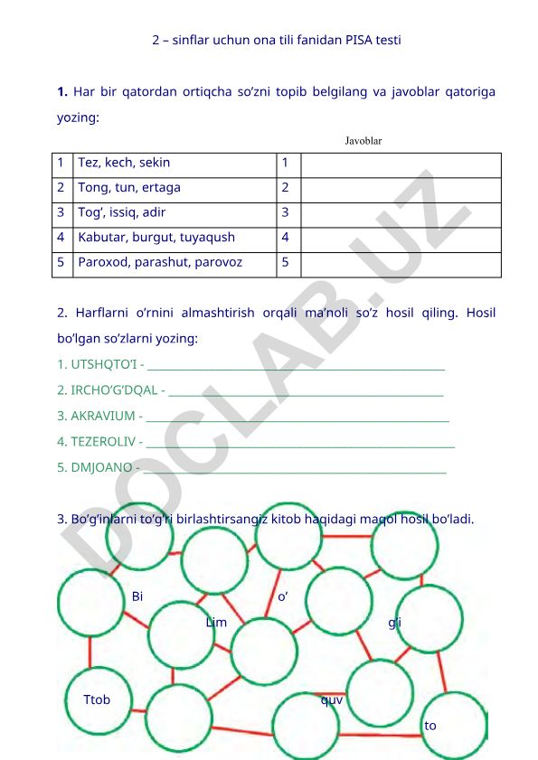 2-sinf ona tili fanidan PISA test topshiriqlari