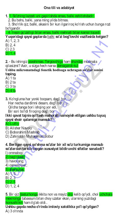 Ona tili va adabiyot fanidan test savollari
