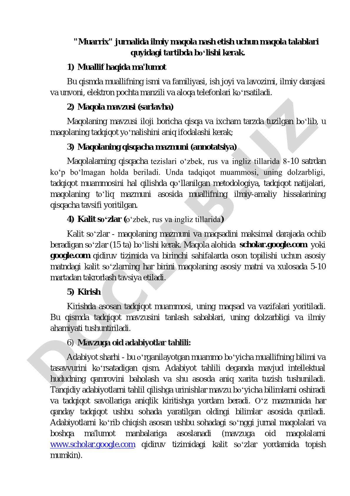 Muarrix jurnalida ilmiy maqola nashr etish talablari