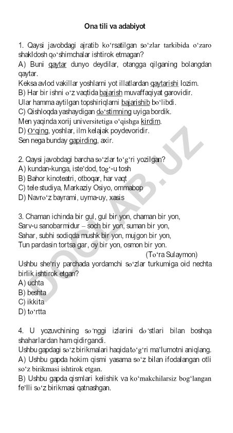 Ona tili va adabiyot fanidan test savollari