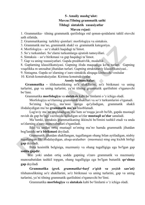 Tilning grammatik sathi va sintaktik xususiyatlar