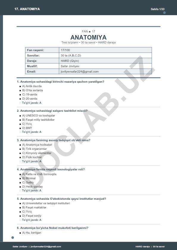 Anatomiya faniga oid test to'plami