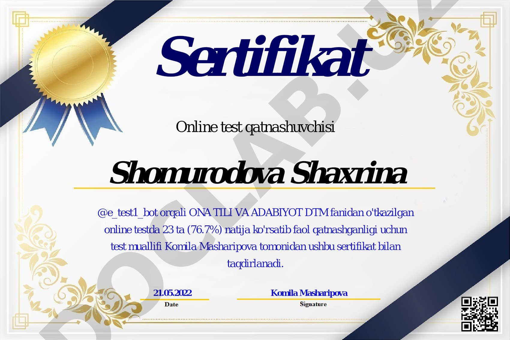 Sertifikat: Ona tili va adabiyot DTM fanidan online test natijalari