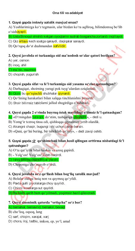 Ona tili va adabiyot fanidan test savollari