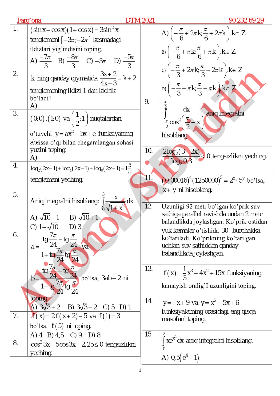 Farg'ona DTM 2021 matematika testi