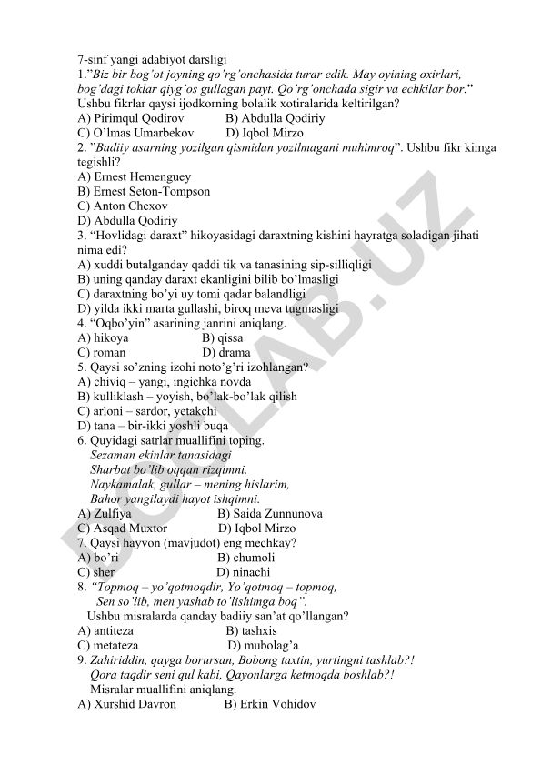 7-sinf adabiyot fanidan test savollari