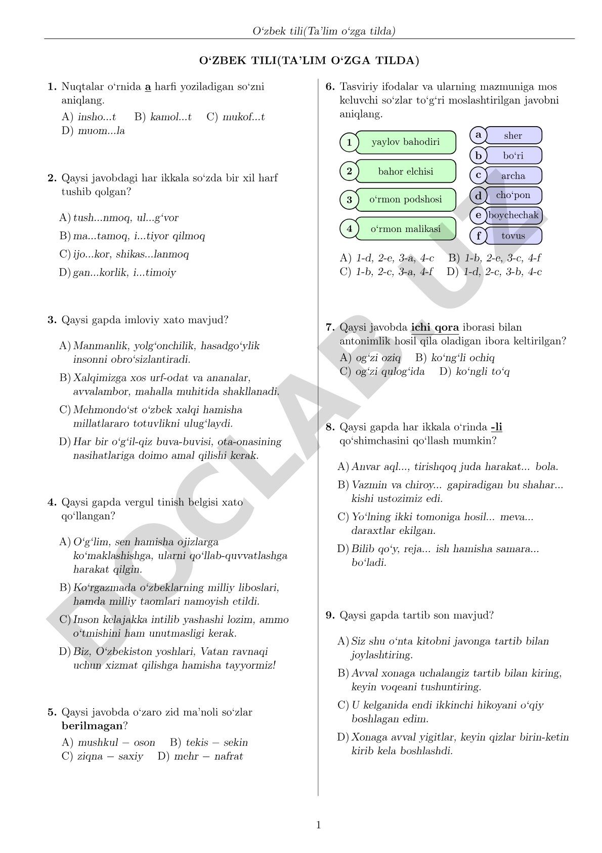O‘zbek tili (ta’lim o‘zga tilda) test savollari