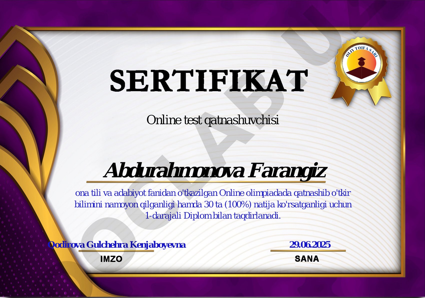 Online olimpiada natijalari bo'yicha diplomlar