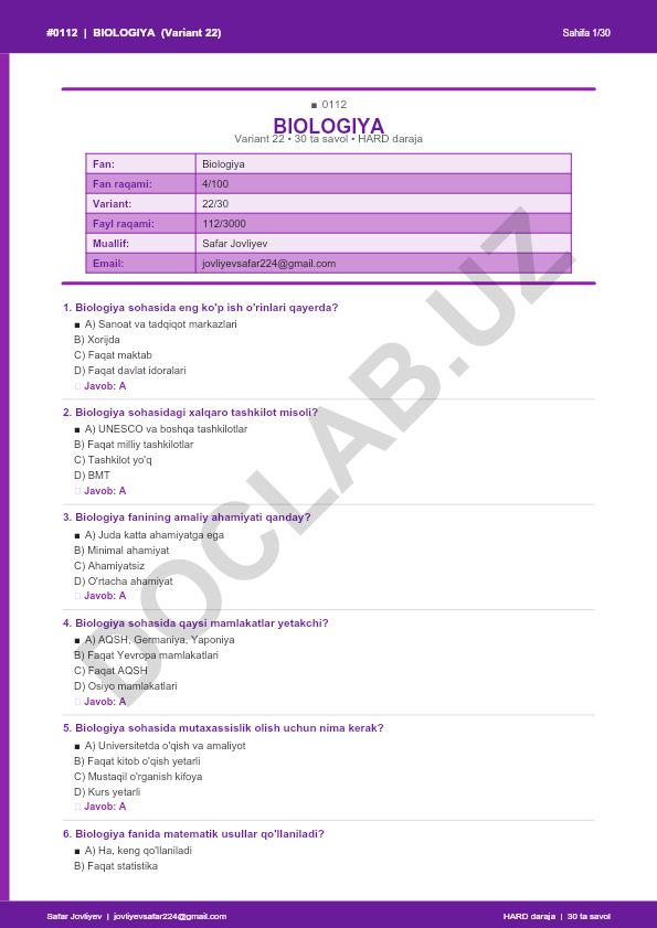 Biologiya fanidan test savollari (Variant 22)