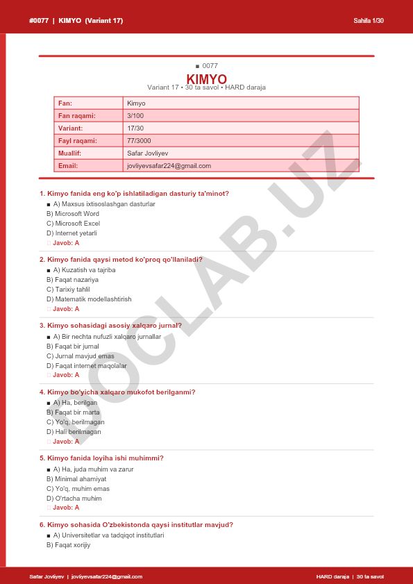 Kimyo fanidan 30 ta savolli test (Variant 17)