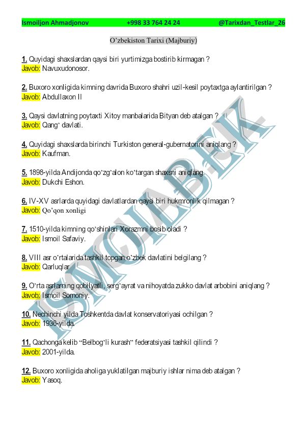 O'zbekiston tarixi test savollari va javoblari