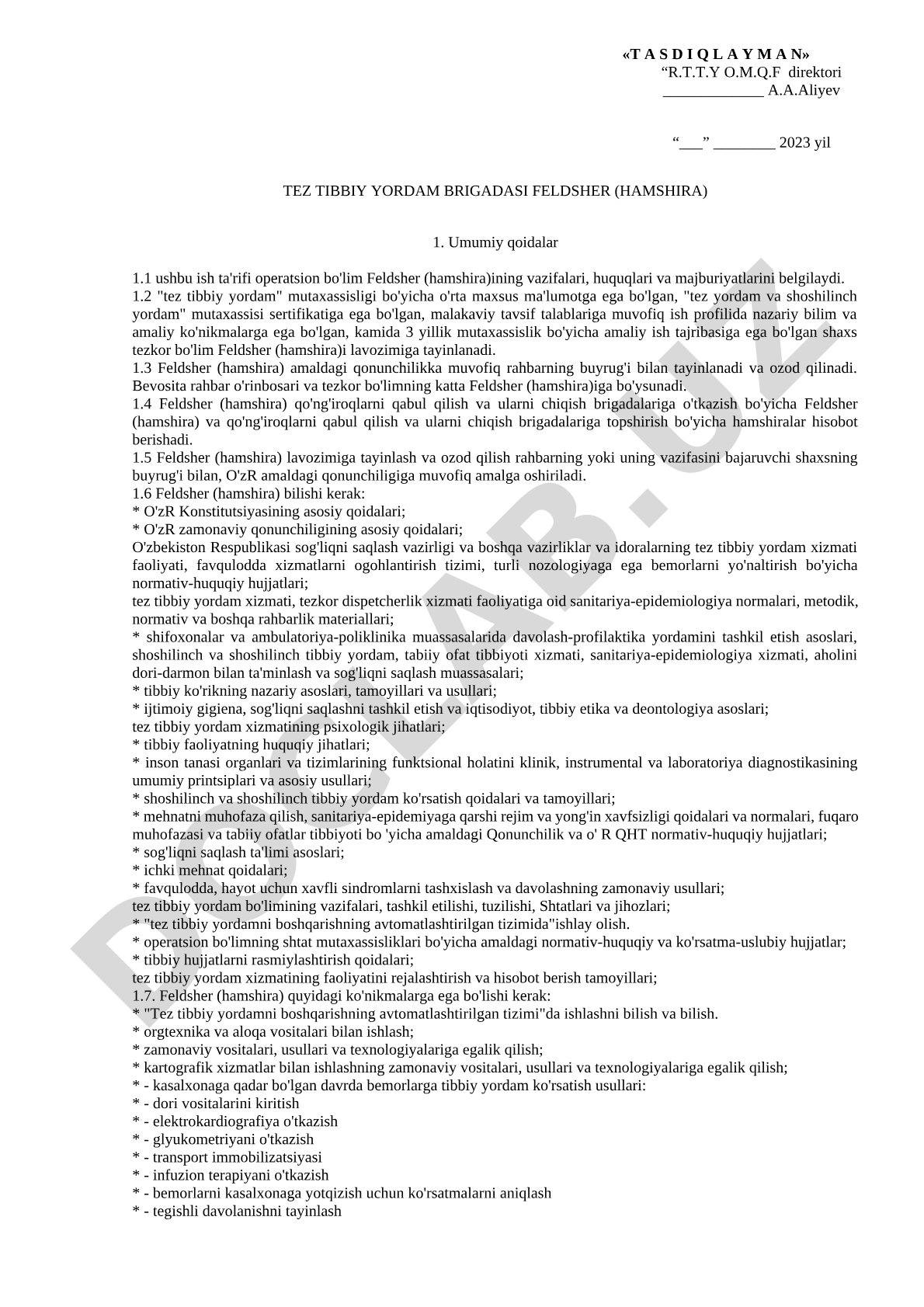 Tez tibbiy yordam brigadasi feldsher (hamshira) lavozim yo'riqnomasi