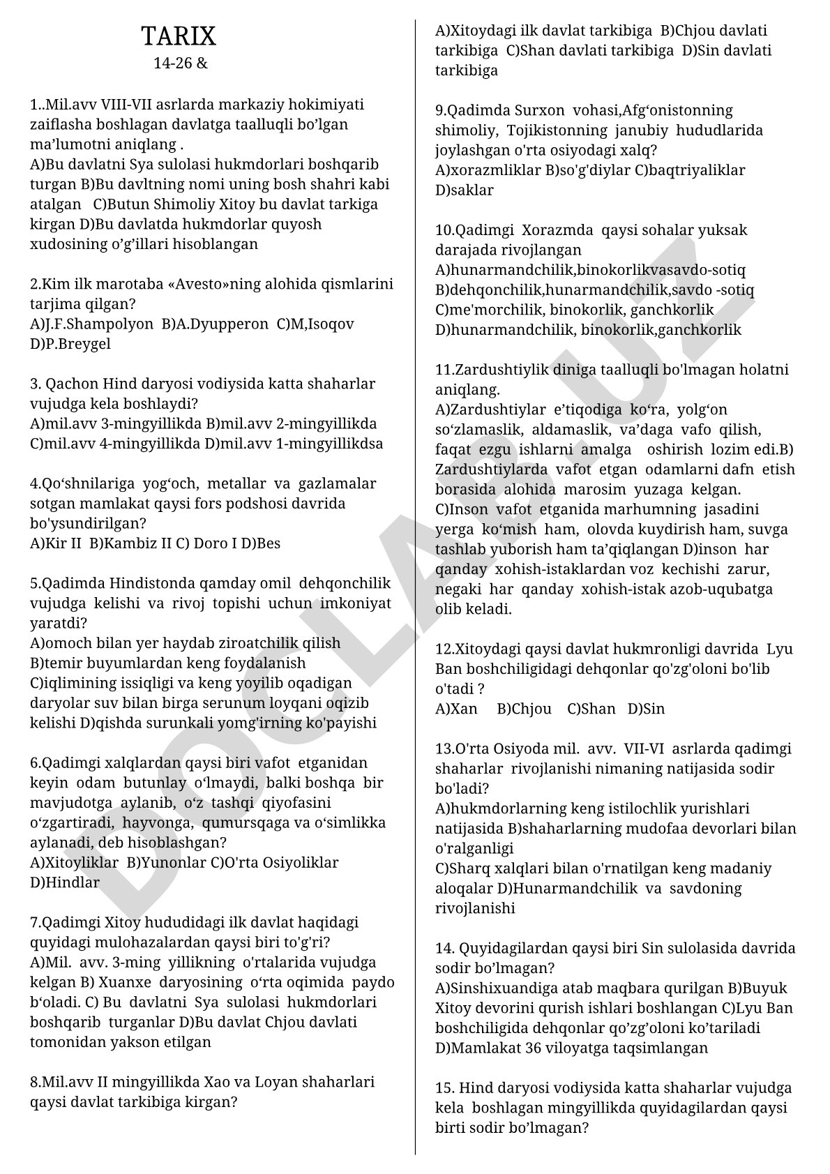Tarix fanidan test savollari