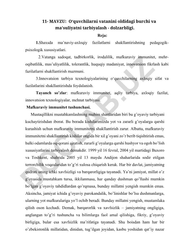 O‘quvchilarni vatan oldidagi burchi va ma’suliyatni tarbiyalash