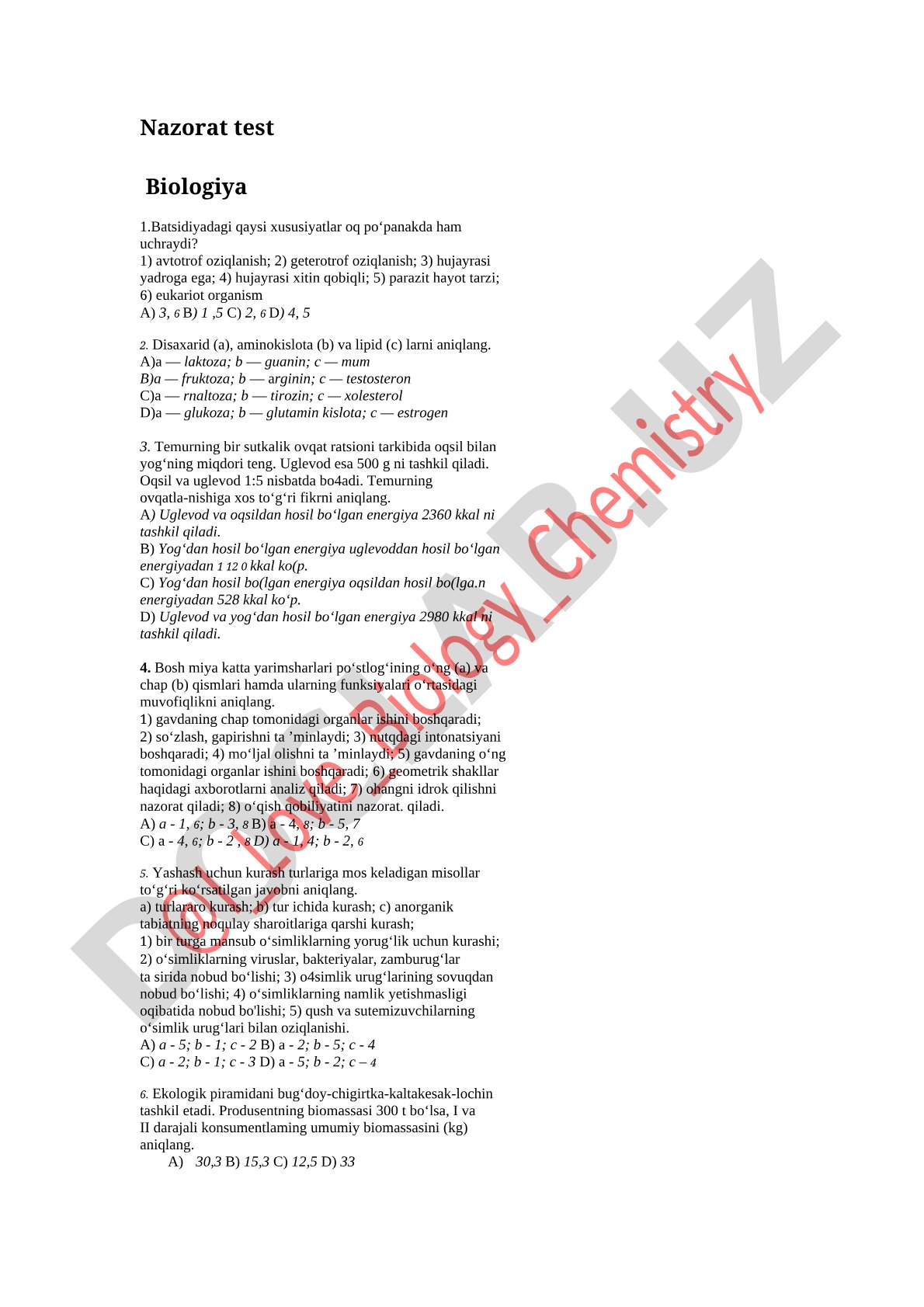 Nazorat test Biologiya