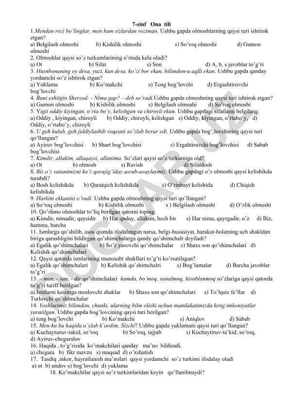 7-sinf Ona tili fanidan test savollari
