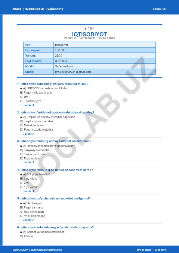 Iqtisodiyot fanidan 30 ta savol va javoblar to'plami