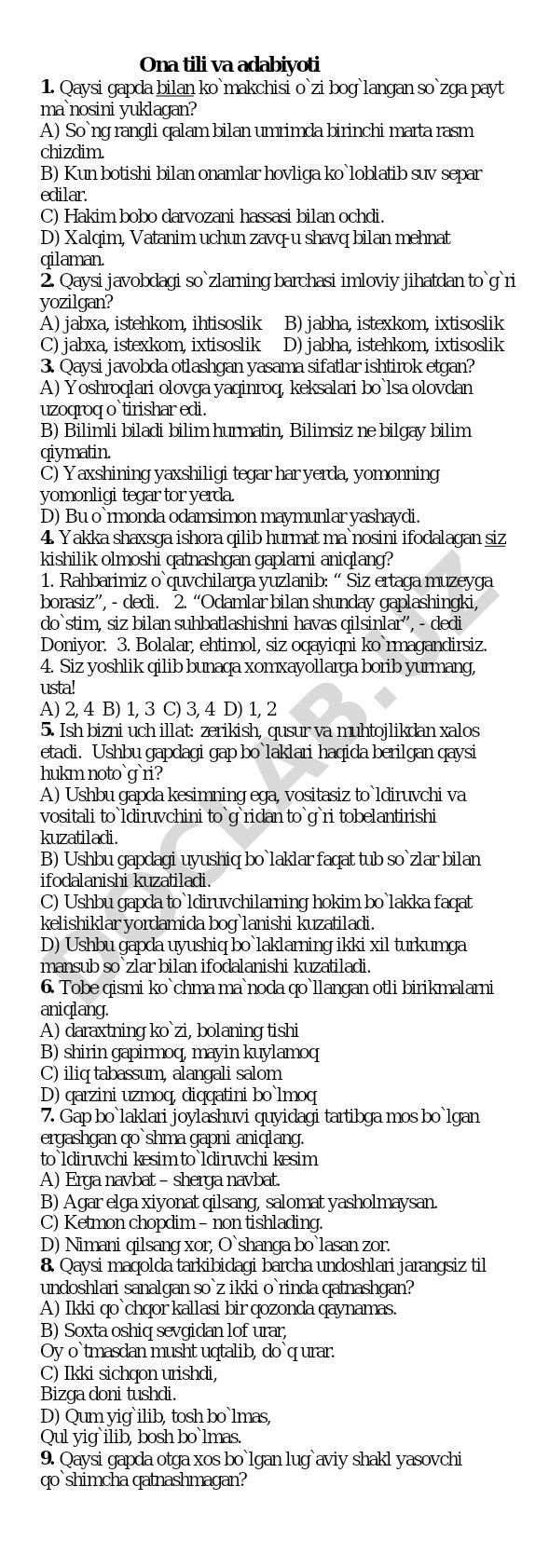 Ona tili va adabiyoti test savollari