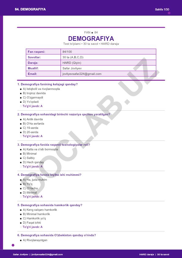 Demografiya faniga oid test to'plami