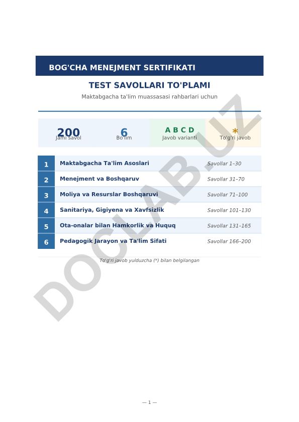 Bog'cha menejment sertifikati test savollari to'plami