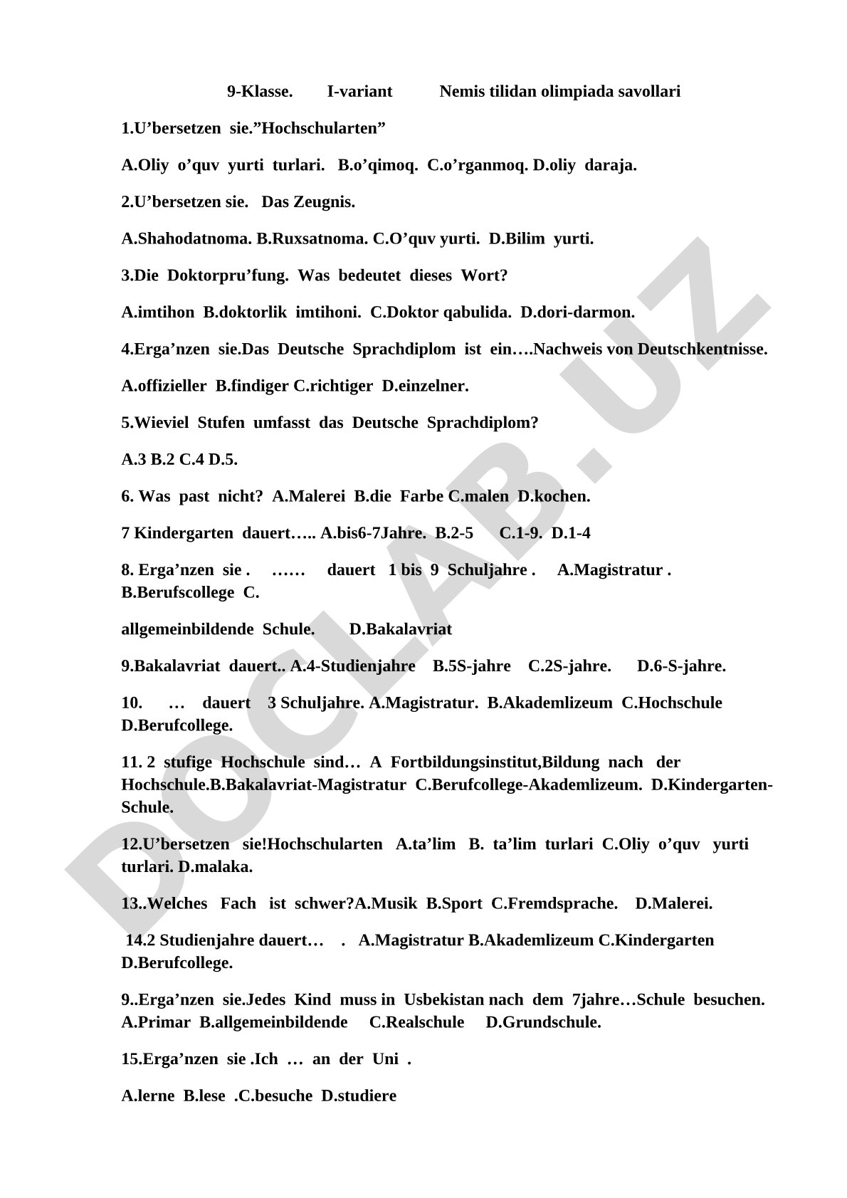 Nemis tilidan olimpiada savollari (9-sinf, I-variant)