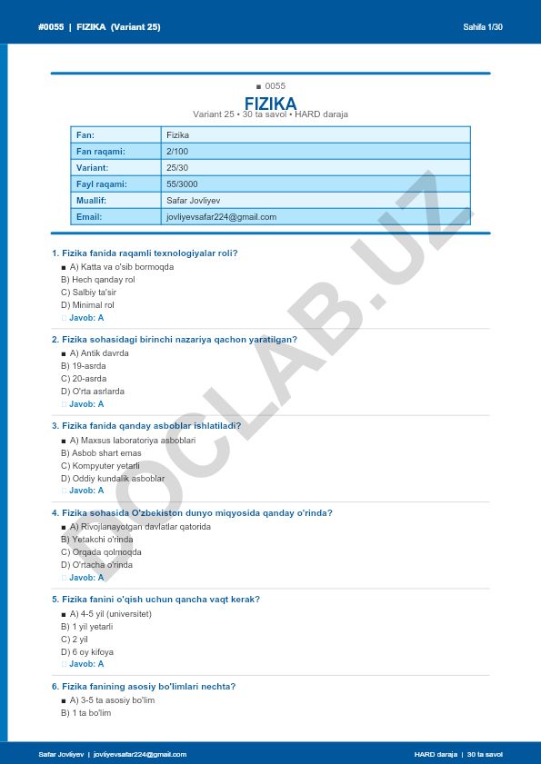 Fizika fanidan 30 ta savolli test (Variant 25)