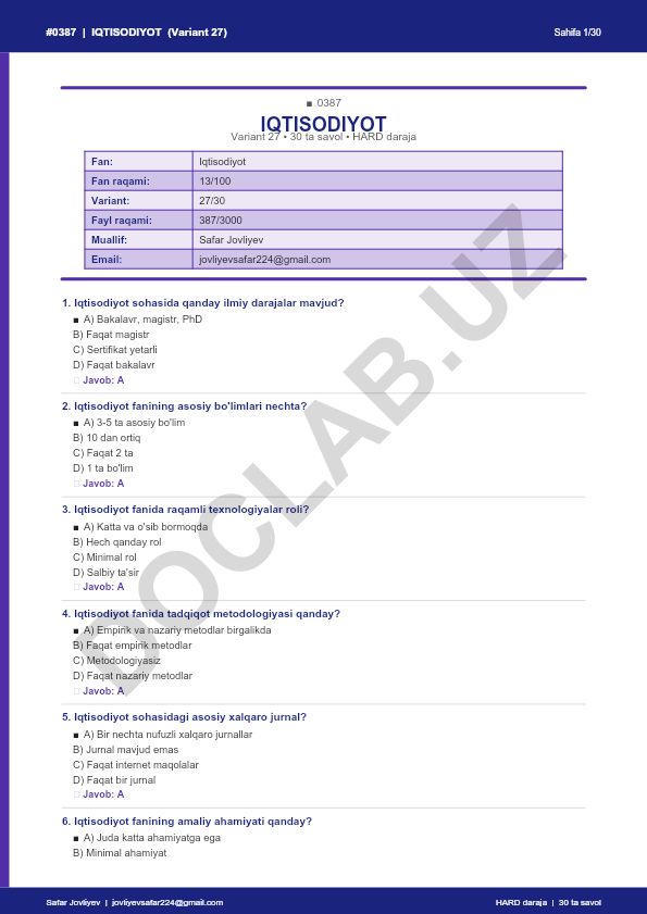 Iqtisodiyot faniga oid test savollari (Variant 27)