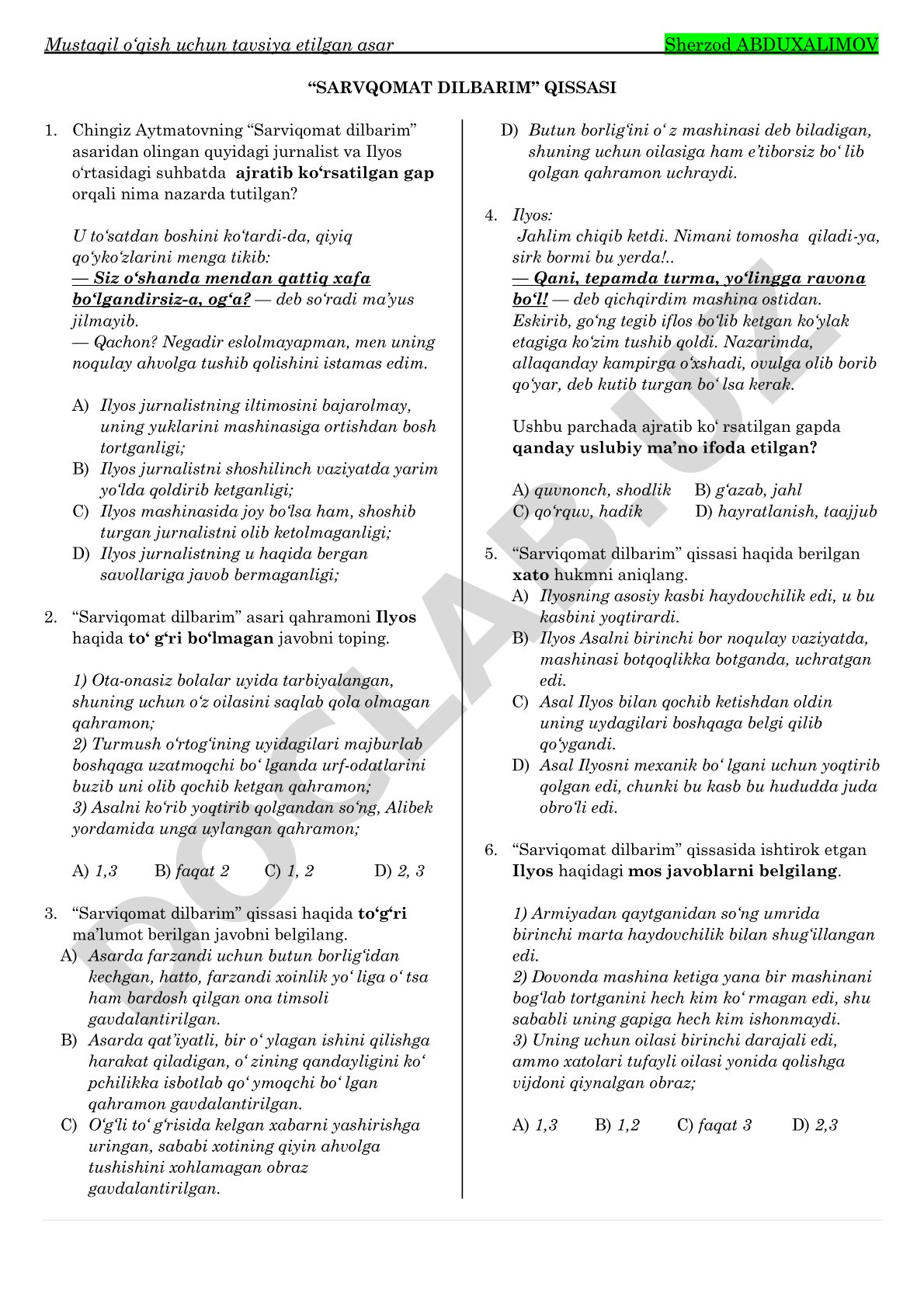 Sherzod Abduxalimovning 'Sarviqomat dilbarim' qissasi tahlili