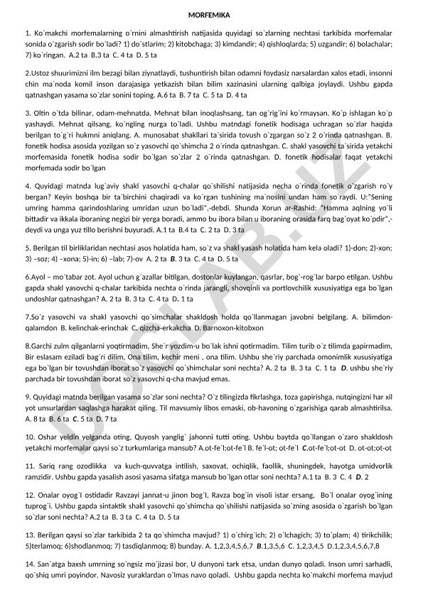 O'zbek tili morfemika va fonetik hodisalar testi