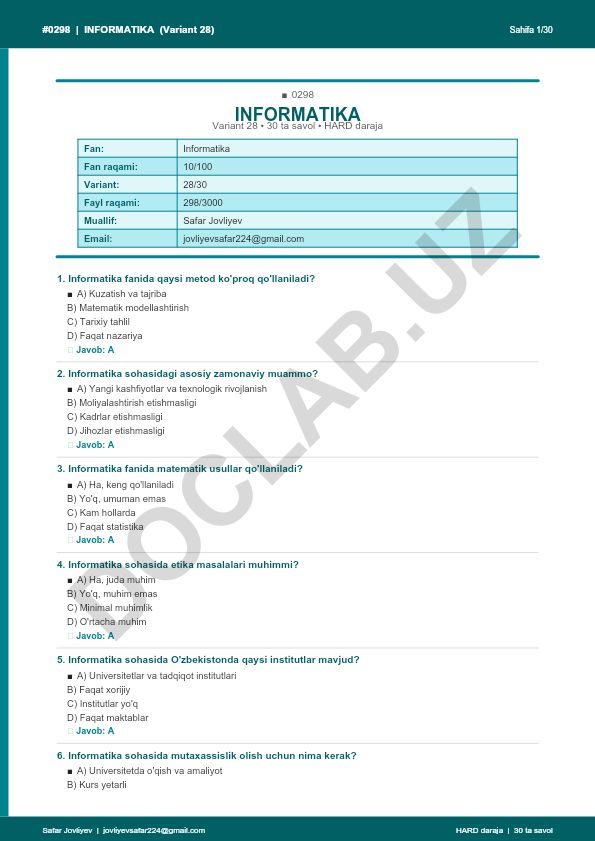 Informatika fanidan 30 ta savol va javoblar to'plami