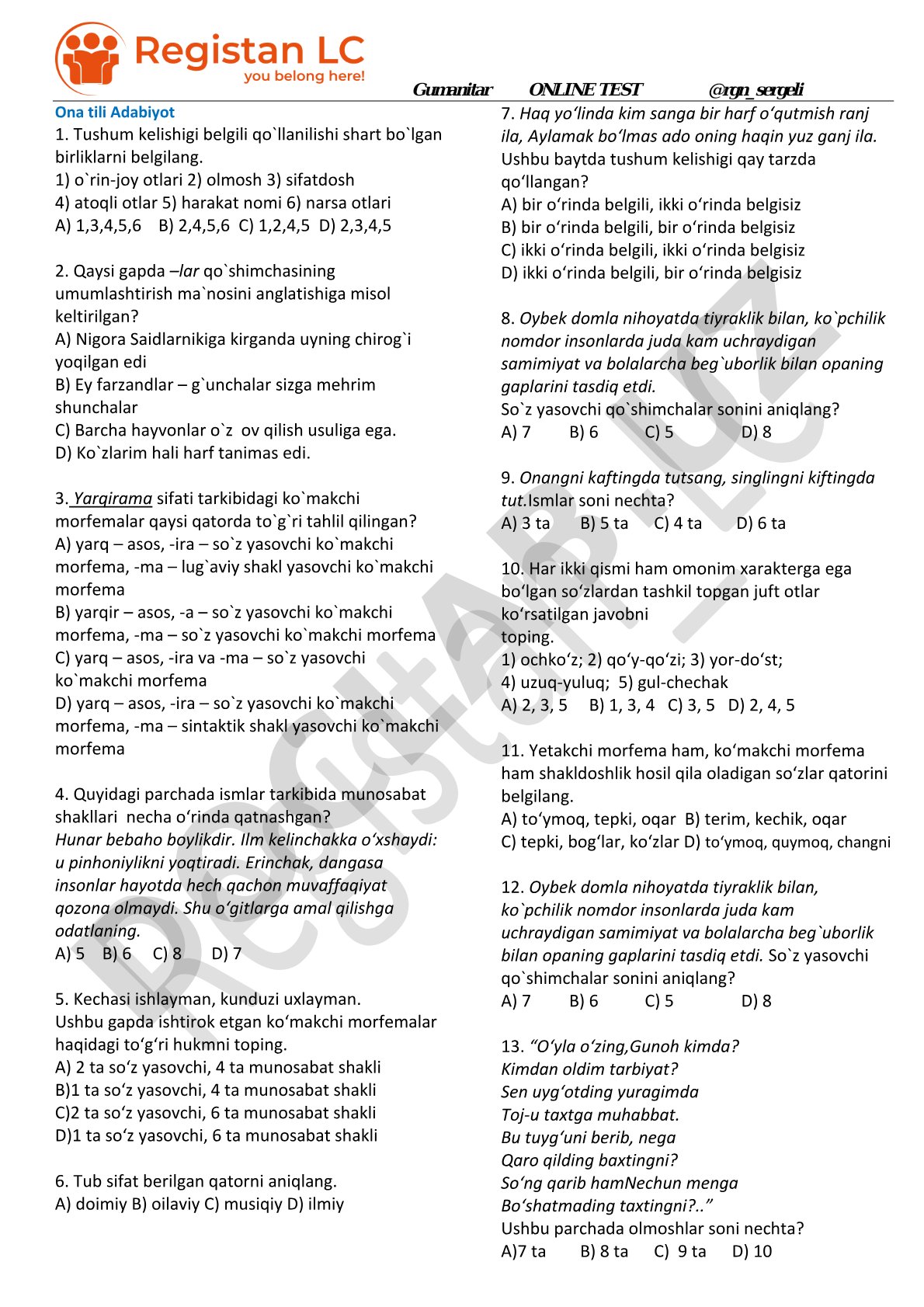 Ona tili va adabiyot test savollari