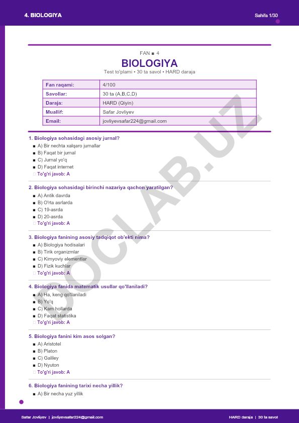 Biologiya faniga oid test savollari to'plami