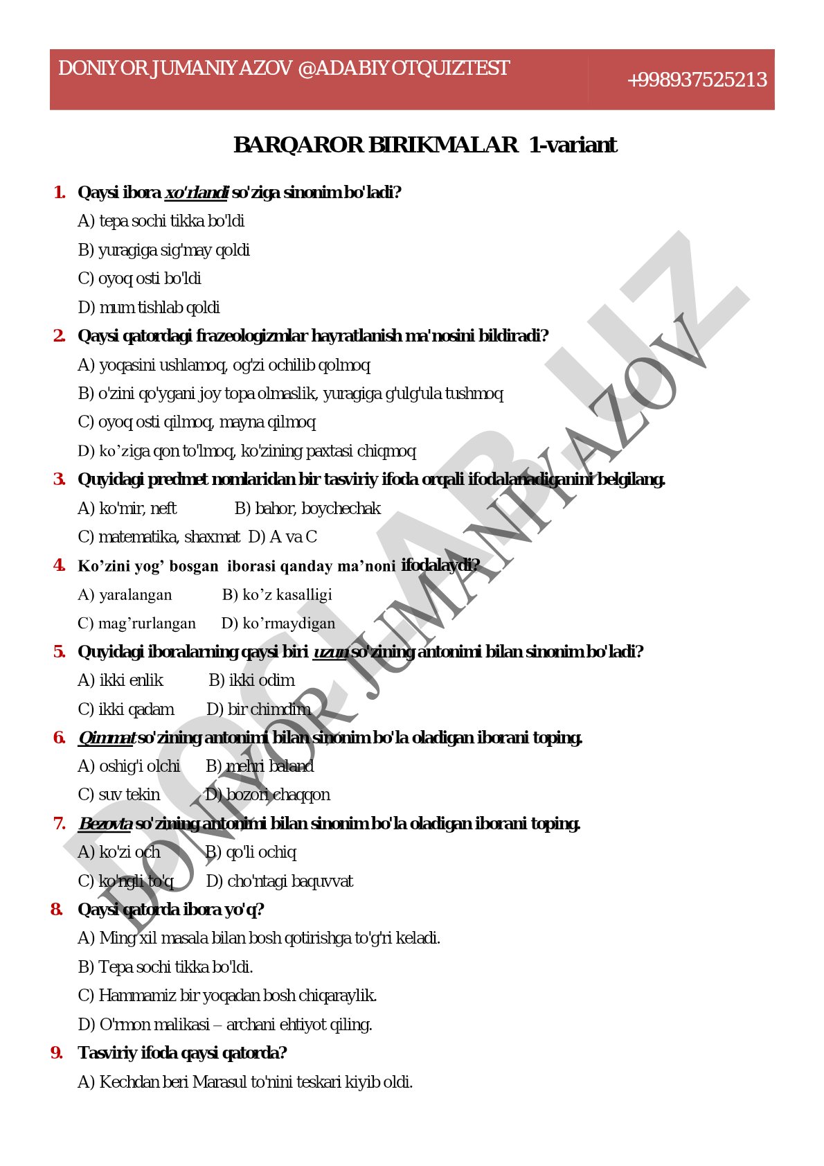 Barqaror birikmalar test savollari