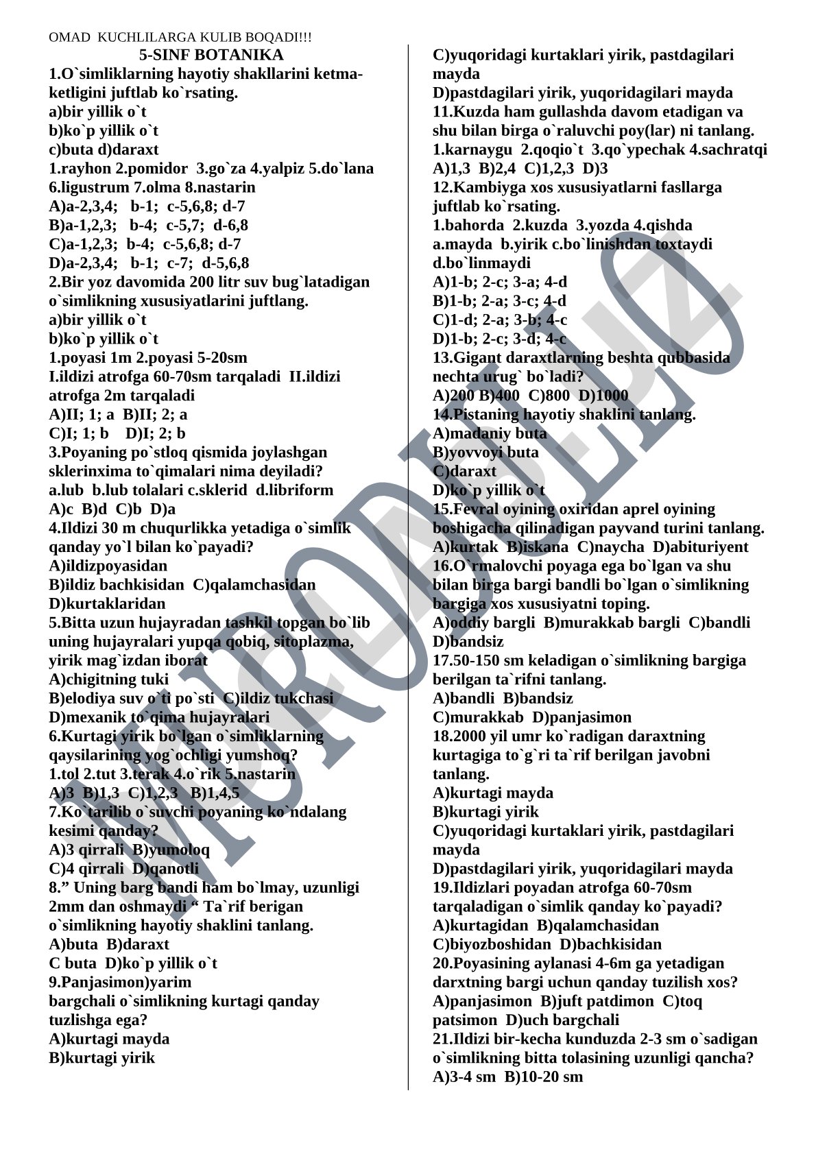 5-sinf botanika test savollari